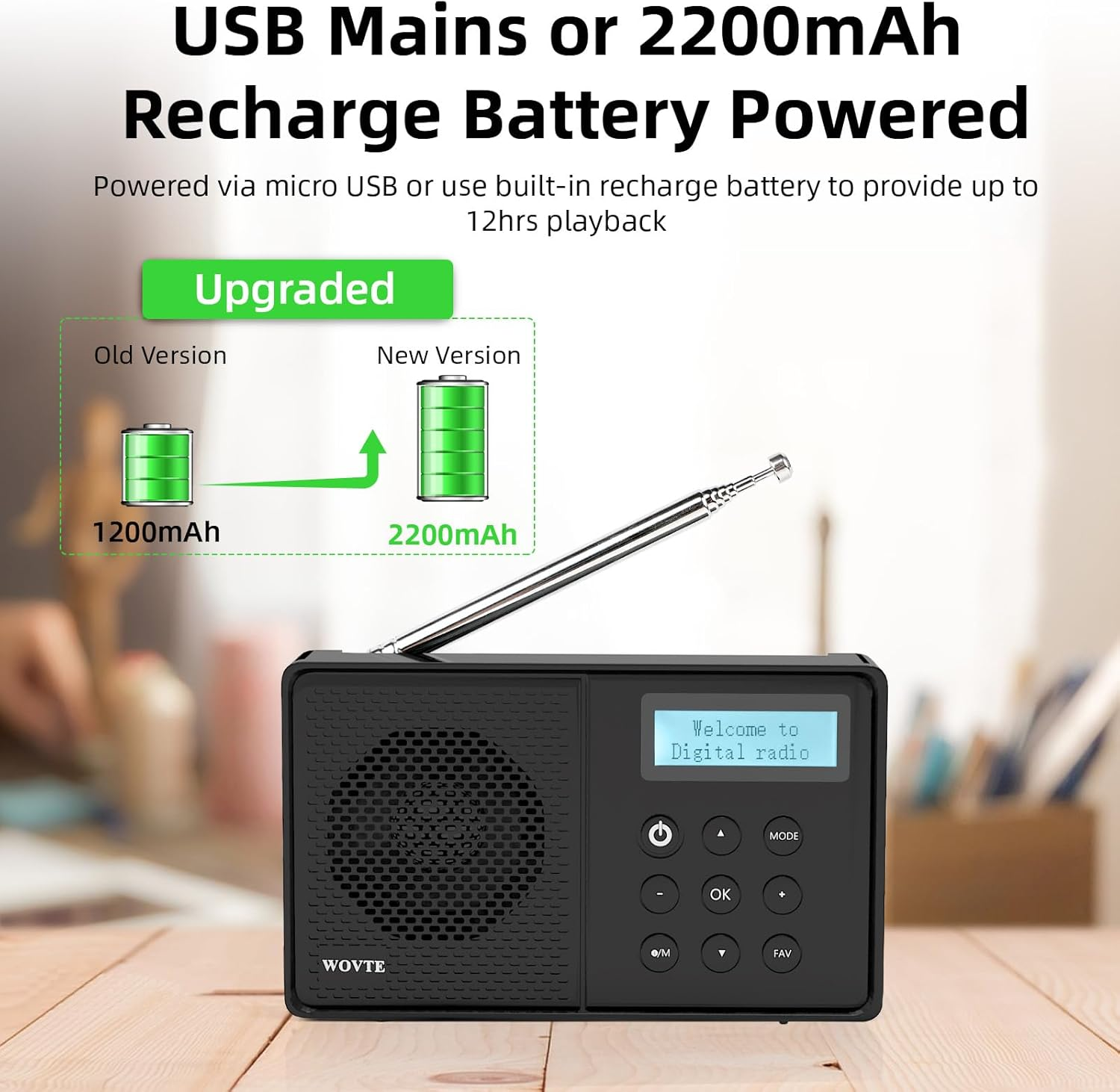 DAB Radio Portable, WOVTE DAB+ Digital Radio Rechargeable FM Radio, Small Radio with Bluetooth, DAB Radio Mains Powered or Battery with 40 Presets LED Display Alarm Clock Sleep Timer Headphone Socket image number 1