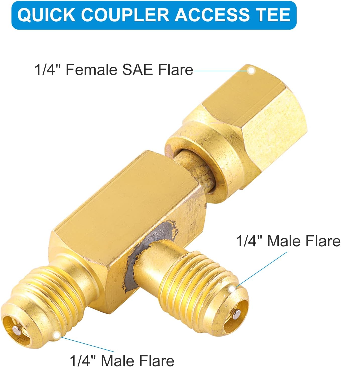 Quick Coupler Access Tee, 1/4'' Valves Core Quick Coupler Tee Adapter with Swivel Connector for Gauge Deep Vacuum Pump Manifold 2PC image number 3