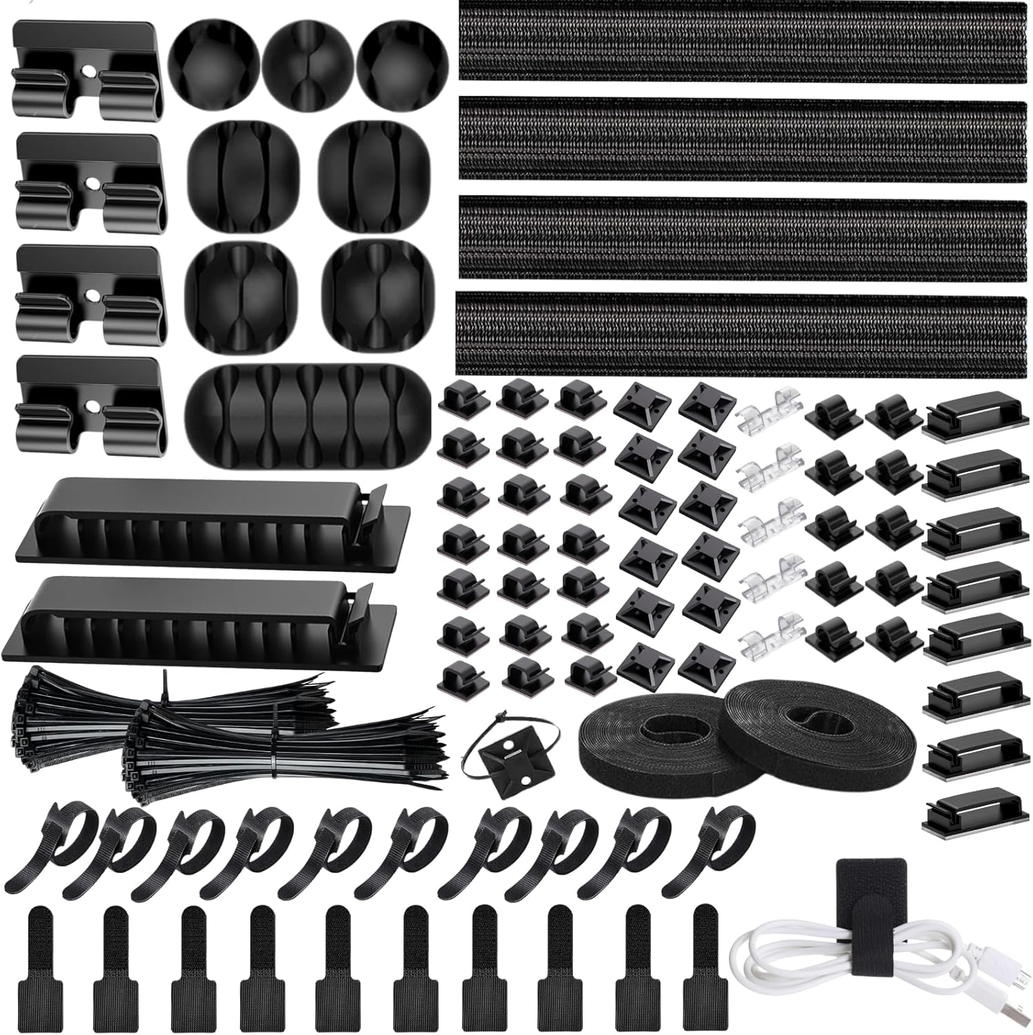 [313 Pcs] Cable Management Kit, 67 Adhesive Cable Clips, Desk Cord Organizer, 22 Reusable Cable Strap, 4 Cable Sleeve Split, 200 Nylon Cable Zip Ties with 20 Mounts for TV Office Home, Black