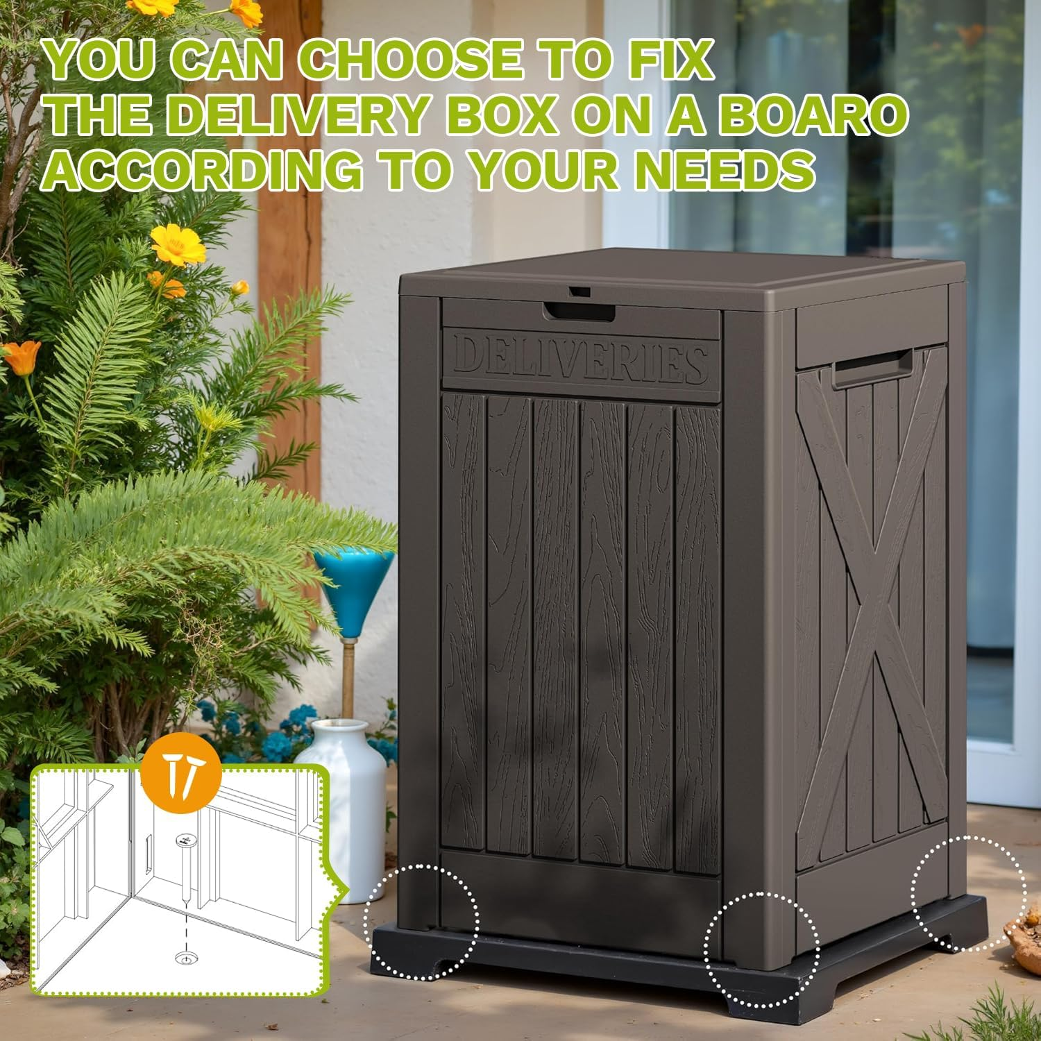 182L Lockable Outdoor Package Delivery Box, Waterproof Deck Storage Box PP Material, for Porch & Backyard (Brown) image number 2