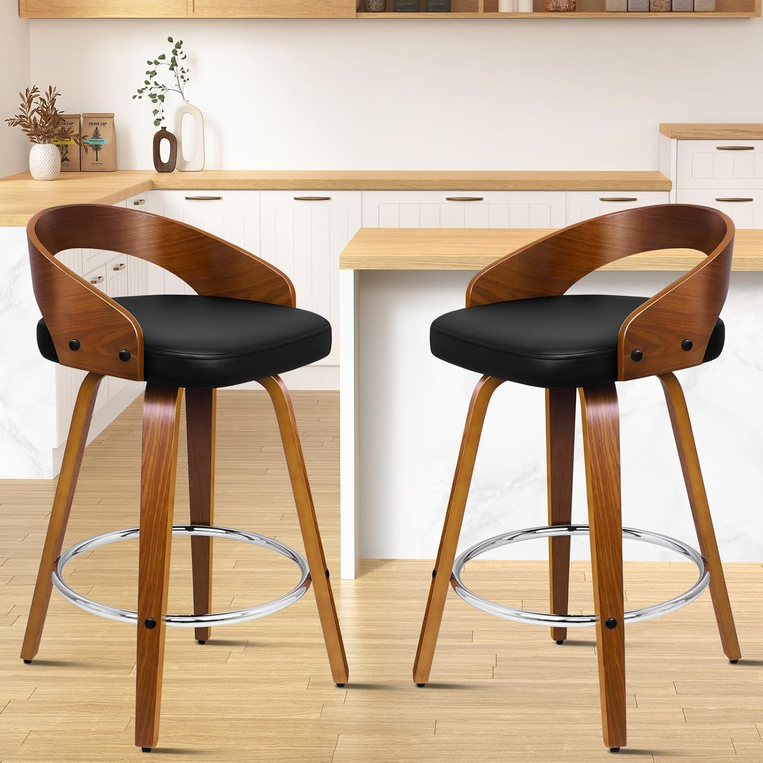 ALFORDSON Bar Stools 2Pcs Swivel Counter Barstool in 64Cm Seat Height Kitchen Dining Chair with Footrest and Adjustable Leg Levelers for Home Bar Dining Room