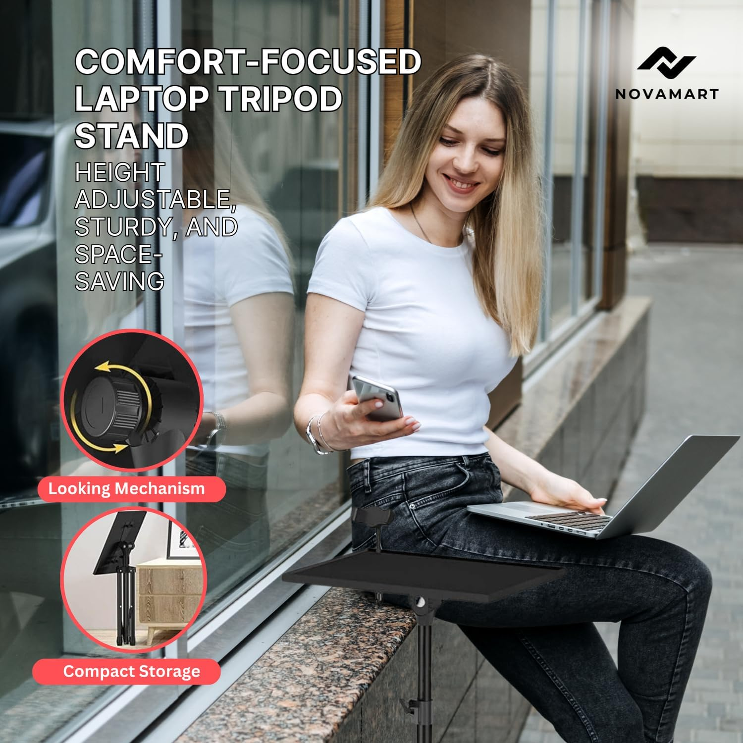 NOVAMART Adjustable Laptop Tripod Stand with Phone Holder &ndash; Portable Alloy Mount for Desk, Stage & Studio image number 5