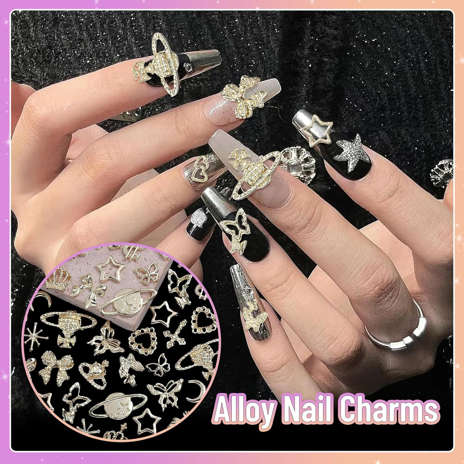180 Pcs Gold Nail Charms and Gems, Crown Heart Bow Star Butterfly Planet Cross Alloy Nail Art Jewelry 18 Styles Metal Shiny Luxury Nail Art Decoration Y2K Fold Nail Charms for Nails Art Design image number 4
