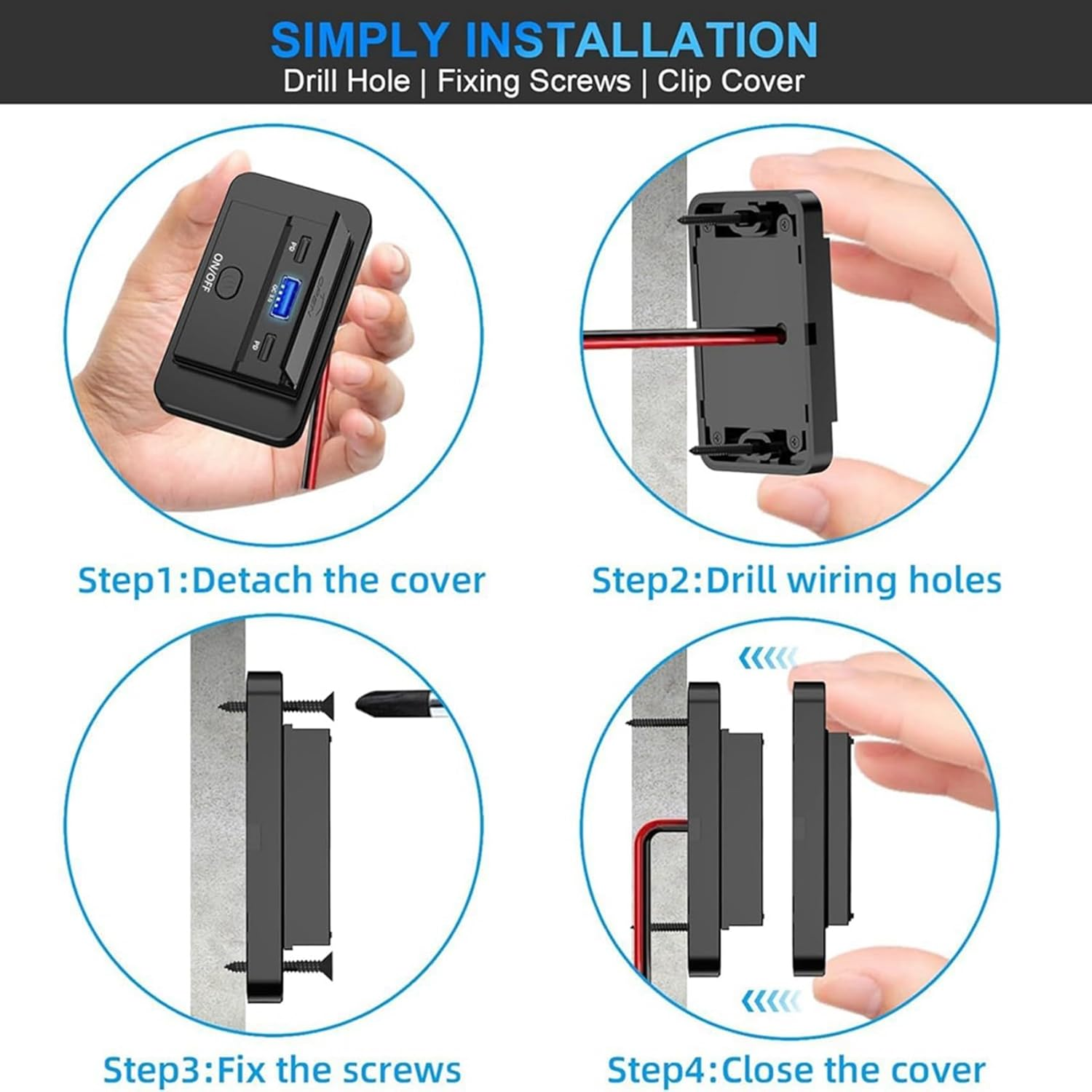 4PCS 3 Ports 12V RV USB Outlet 90W, Dual PD3.0 Type-C Quick Charge 72W & USB QC3.0 18W Panel Wall Mount image number 2