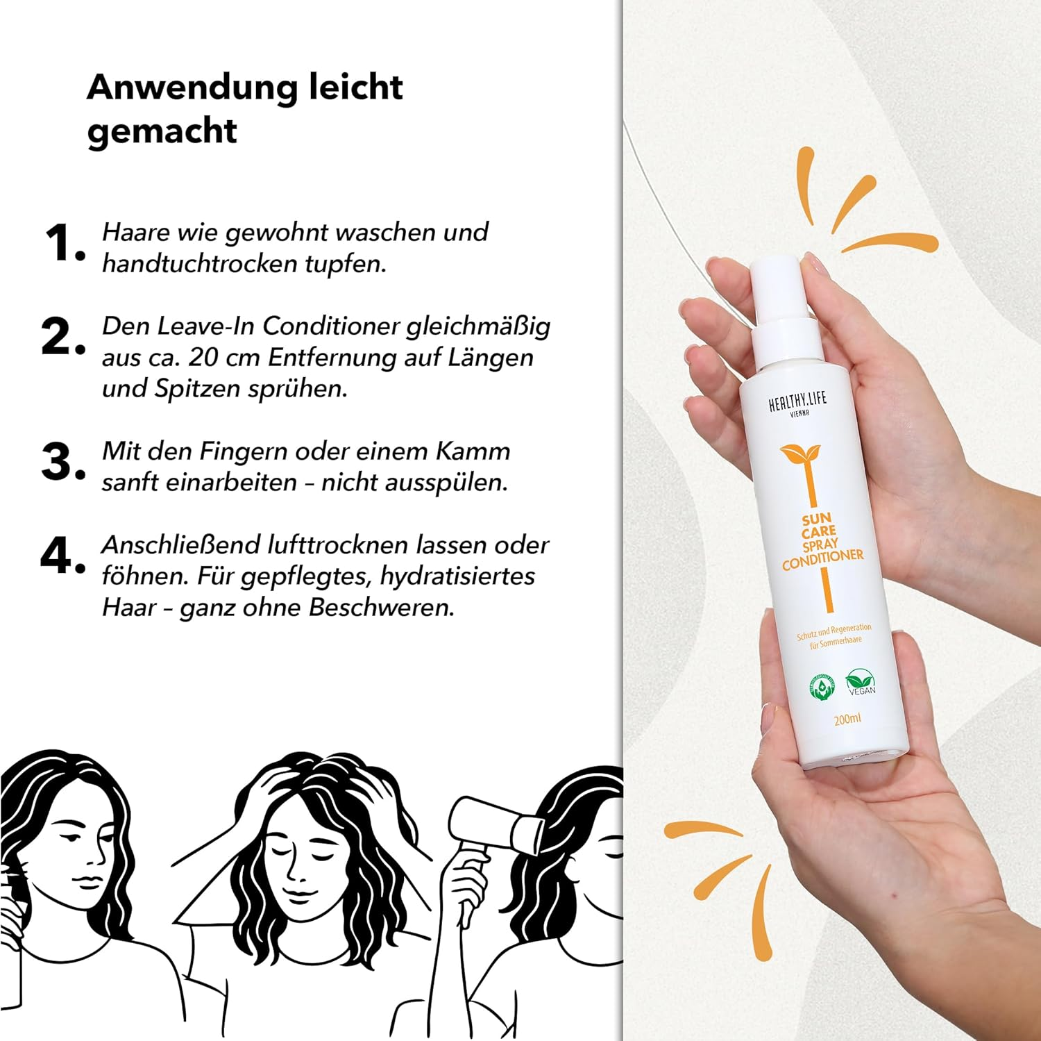 HLV Hair Care Spray with UV Protection, Sun Care Conditioner Spray, Vegan Hair Care with Panthenol & Agave, Protection against Sun and Salt Water, for Moisture and Combable, Smooth Hair (200 Ml) image number 3