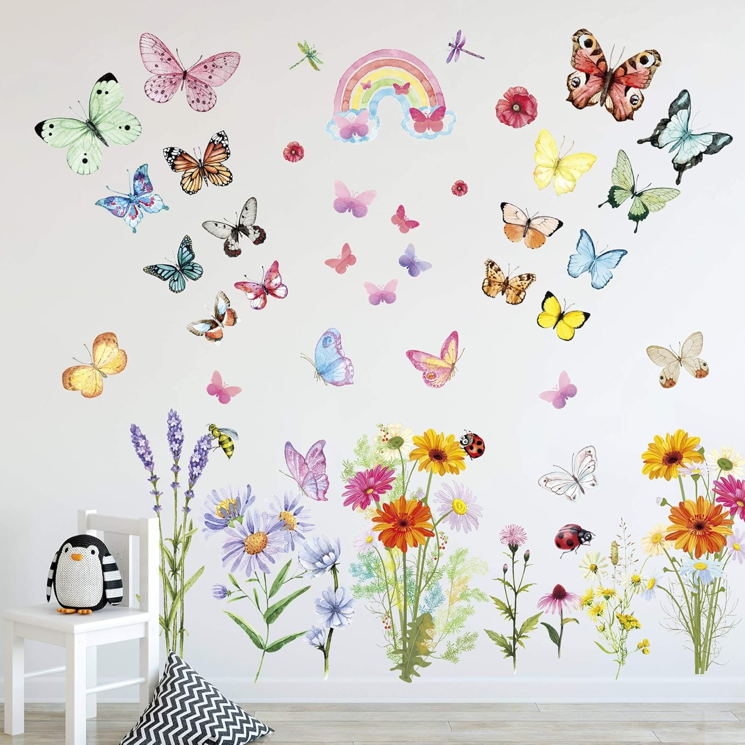 Flower Wall Stickers Colorful Butterfly Wall Stickers Daisy Rainbow Wall Stickers for Girls Bedrooms Living Room Decoration image number 4