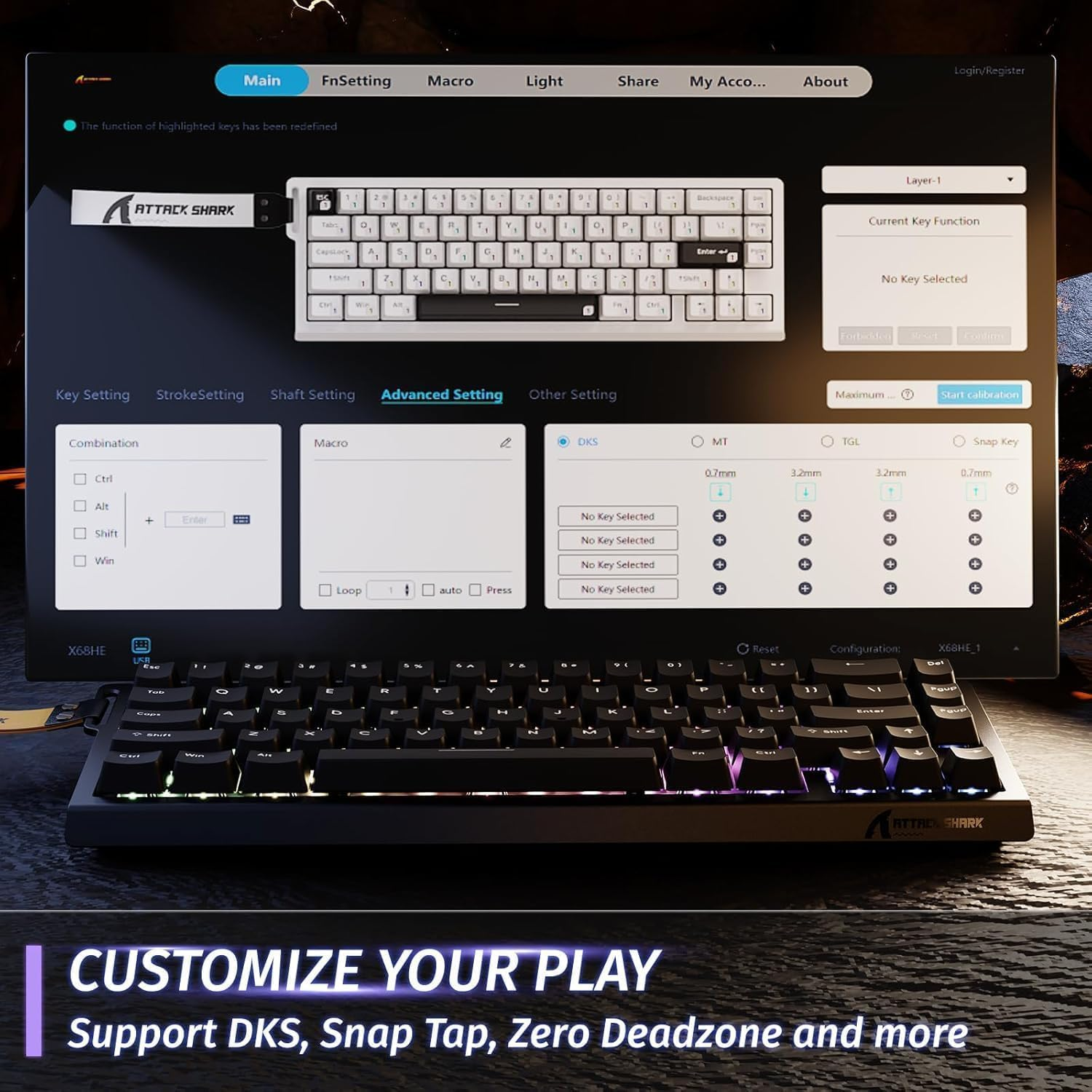 Attack Shark X68 HE Gaming Keyboard & R1 Mouse Combo,8Khz Magnetic Switch Keyboard, 16.8M RGB, Custom Actuation, 55G Ultra-Light Mouse with 18,000 DPI & Tri-Mode Connectivity for Esport Gamer-Black image number 4