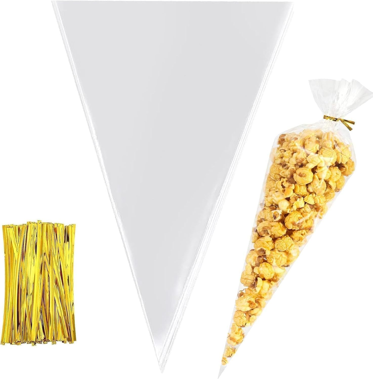 Ozchillon 100 Pieces 18X37Cm Clear Cone Shaped Treat Bags Cellophane Triangle Candy Bags for Lollies Popcorn Handmade Cookies Candy Crafts (Golden Ties, 18X37Cm)