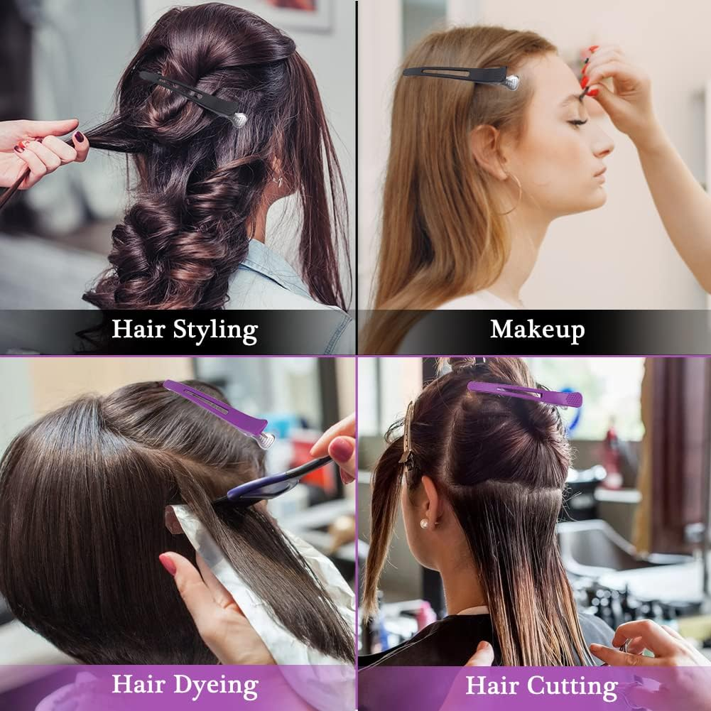 Pack of 12 Duckbill Clips, Hair Clips for Styling Cuts, Non-Slip Long Hair Clips with Silicone Band, Clips for Hairdressers (Black, Purple) image number 5