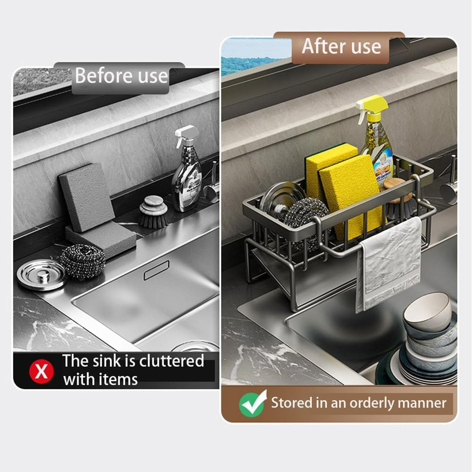 2 Tier Dish Drying Rack for Kitchen Counter, Dish Racks with Drainboard Set, Rustproof Dish Drainer with Cutlery Utensil Rack & Holders,For Kitchen Storage and Organisation (Gray) - Grey image number 4