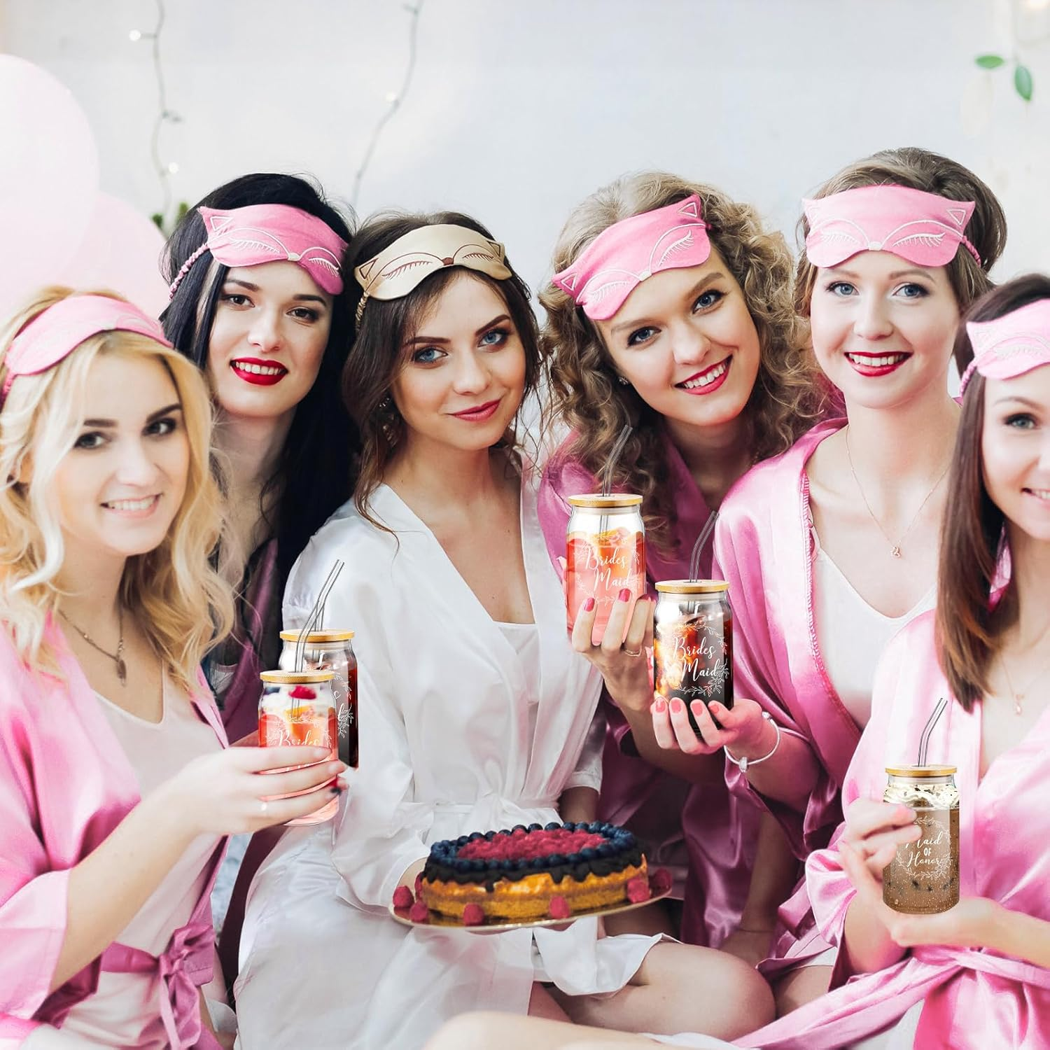 Irenare 8 Pcs Bride Gifts Set for Bridal Shower Bachelorette Party Robe Cup Makeup Bag Bracelet Scrunchies Card Pen Gift Box(Pink) - 1, White image number 5