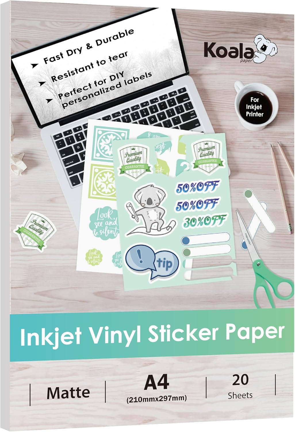Koala Printable Vinyl Sticker Paper for Inkjet Printer - Matte White, 20 Sheets Waterproof Sticker Paper A4 Size, Tear Resistant, Work with Cutting Machine image number 4