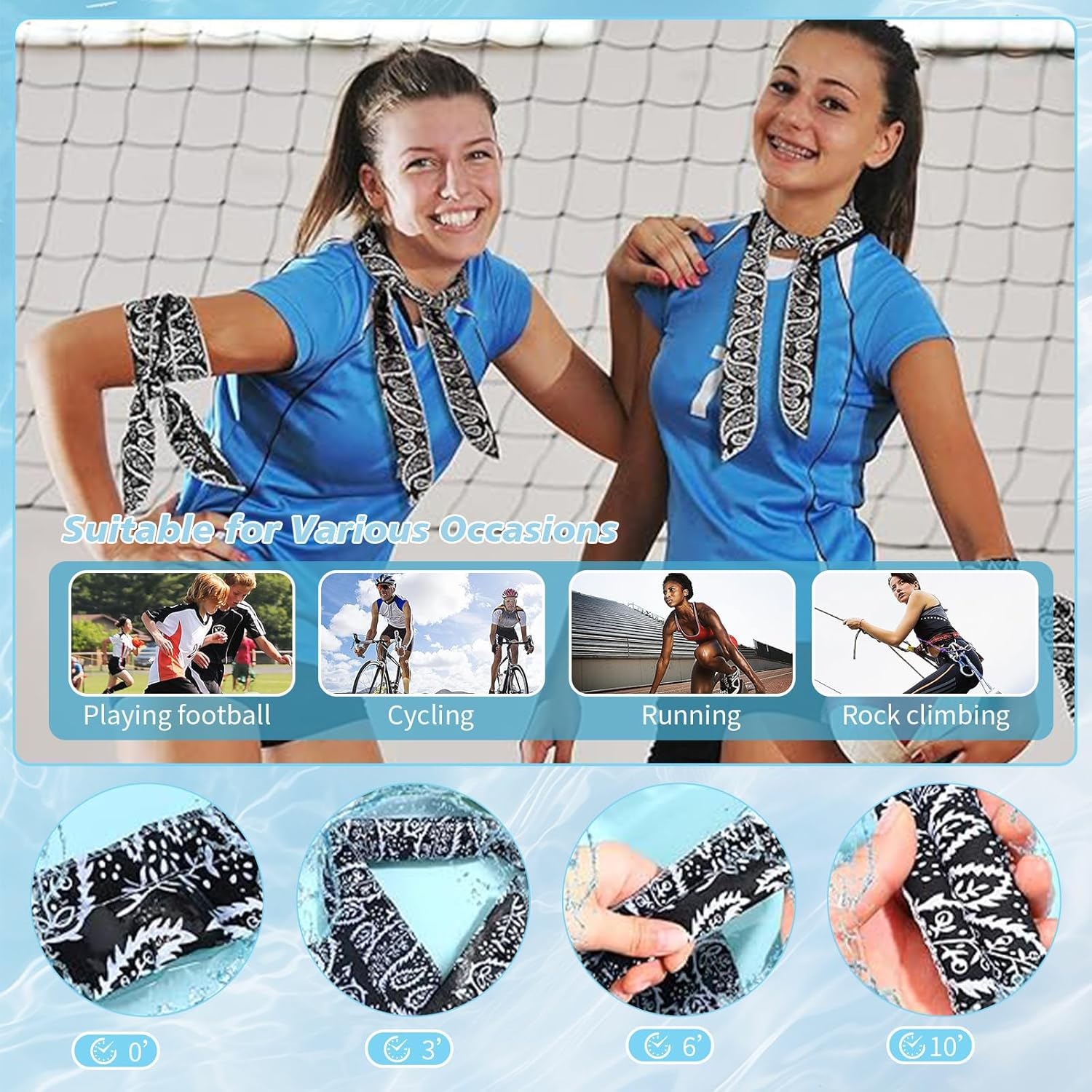 2 Pcs Neck Wrap Headband 100X5Cm Cooling Bandana Scarf Reusable Cold Towel for Men Women, Printed Sweat Absorbing Tie Around, Soak Chill Technology for Instant Cooling Relief - Orange image number 3