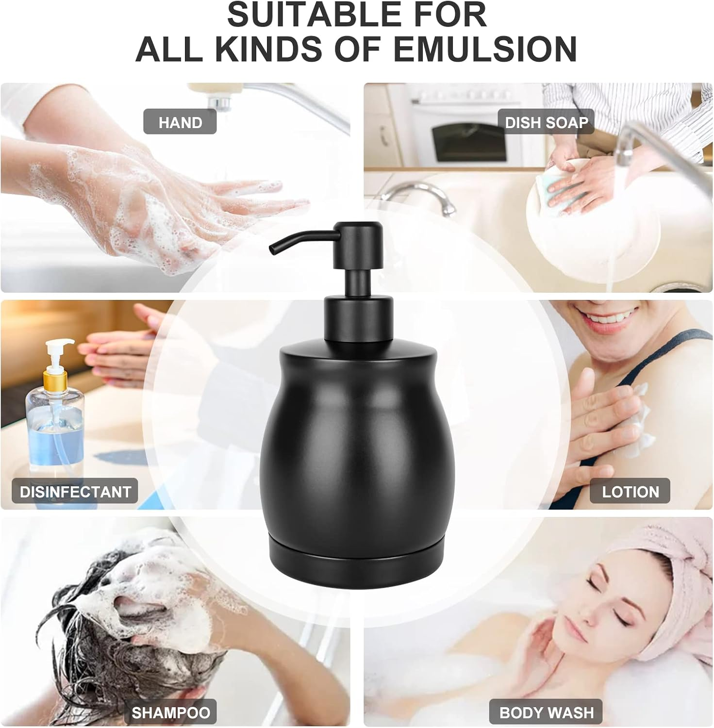 LALA DOLCE Black Stainless Steel Soap Dispenser, Modern Countertop Liquid & Lotion Dispenser for Kitchen and Bathroom-Rustproof Pump, Easy Refill & Clean-Elegant Home or Commercial Use (Black, 390Ml) image number 7