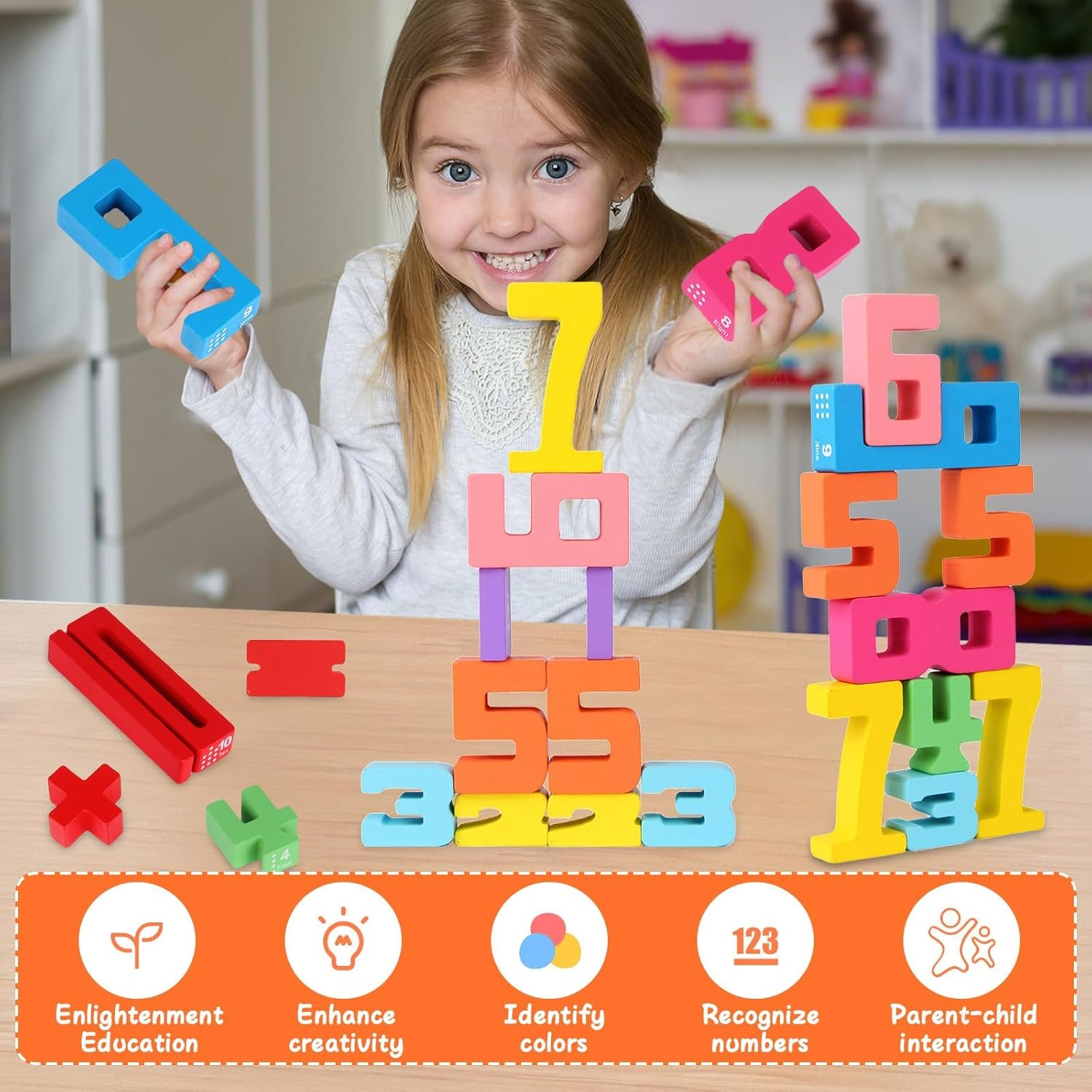 23Pcs Wooden Number Building Blocks, with Mathematical Symbol Blocks and Arithmetic Pad, Montessori Number Blocks Math Learning Toys for Kids Digital Educational Counting image number 4