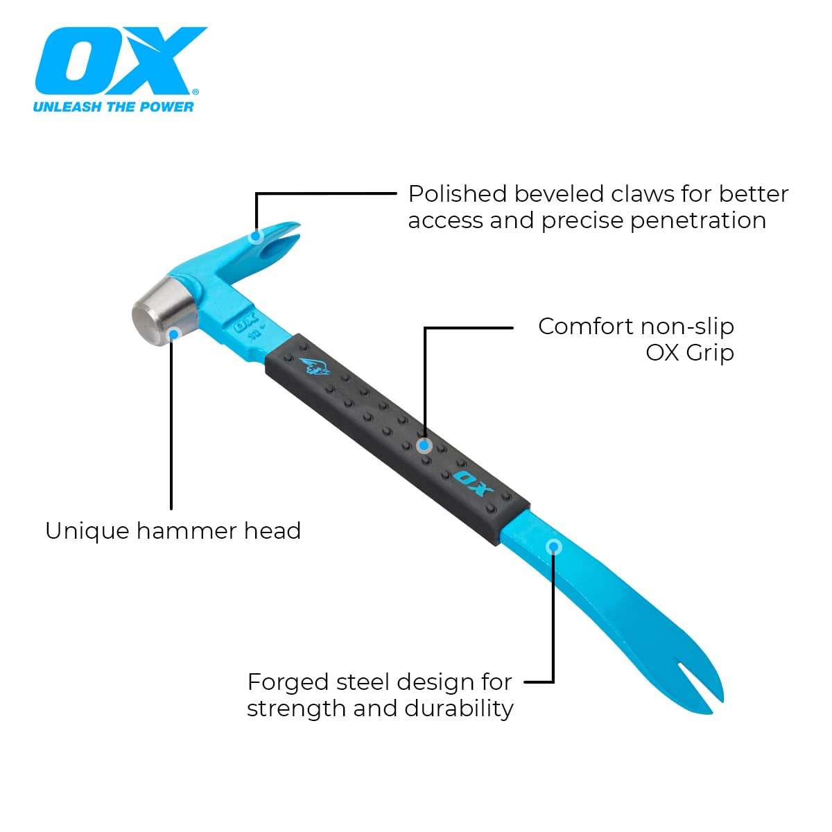 OX Tools Unique Hammer Head 12" Pry Bar - Multi-Functional Tool with Cats Paw, Crowbar | Rubber Grip, Polished Beveled Claws - Forged Steel Design for Strength and Durability image number 5