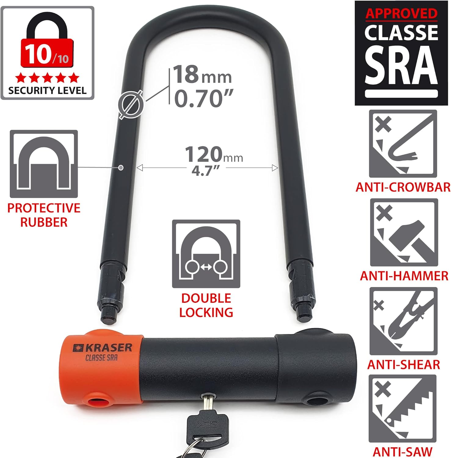 KRASER KR120L Robust U Lock Motorcycle, SRA Approved, Tested High Security, 120X310Mm/4.7X12.2In &Oslash;18Mm/0.7 Shackle Double Locking, Anti-Pick Lock, Heavy Duty anti Theft U Lock for Moto Scooter Ebike image number 4
