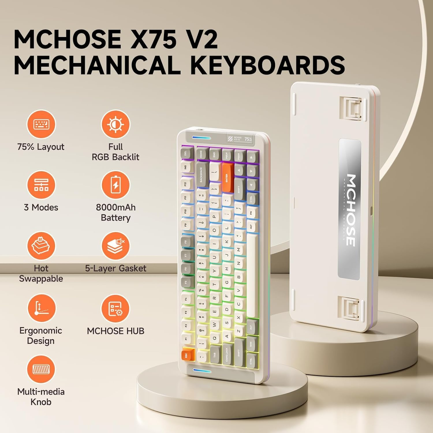 MCHOSE X75 V2 Gaming Keyboard, 75% Mechanical Keyboard Knob Control, Hot Swappable Custom Wireless Keyboards Tri-Mode 2.4G/BT5.0/USB-C, RGB Backlit Retro White (Retro White) image number 2