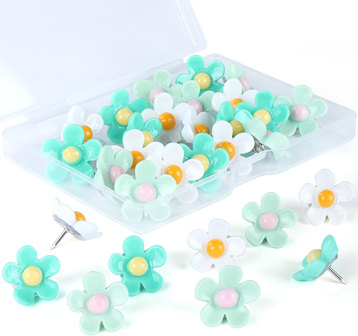 Flower Push Pins, 30Pcs Green Decorative Thumb Tacks for Cork Board, Photo Wall, Feature Wall, Map, Bulletin Board, Office or Home