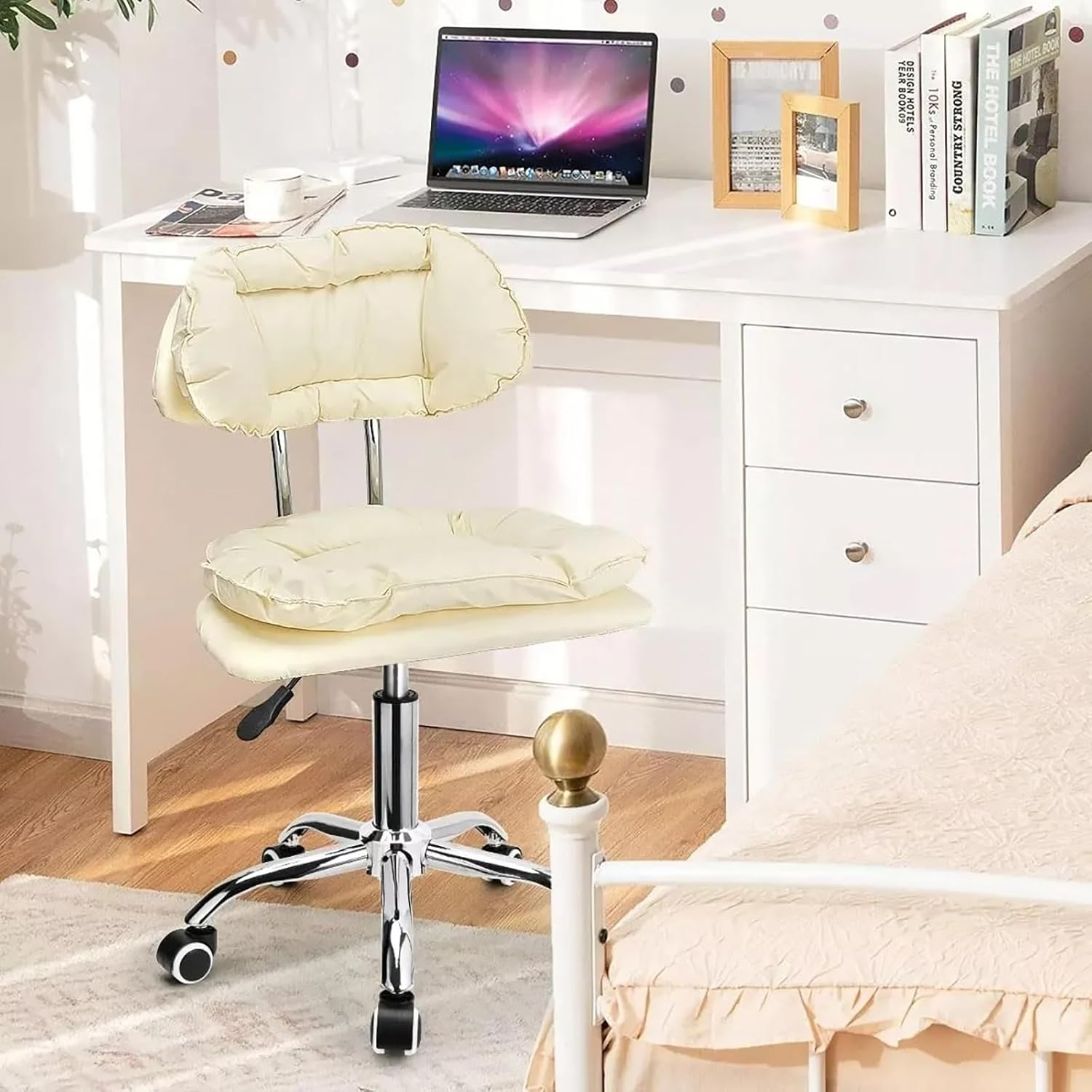 GO TILING Home Office Chair Adjustable Height Rolling Stool with Low Backrest &ndash; Swivel Office Chair with Thickened Cushion for Kids Adult Study Work for Home, Salon, Spa, Nail Shop, White - Pink image number 3