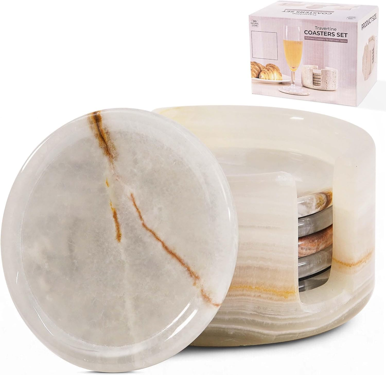 Marble Coasters Set of 6 round 3.5 Inch Travertine Christmas Coaster for Drinks with Holder - Ideal Stone Drink Coasters for Coffee Bar Accessories, Gifts, Dining Table & Home D&eacute;cor image number 4