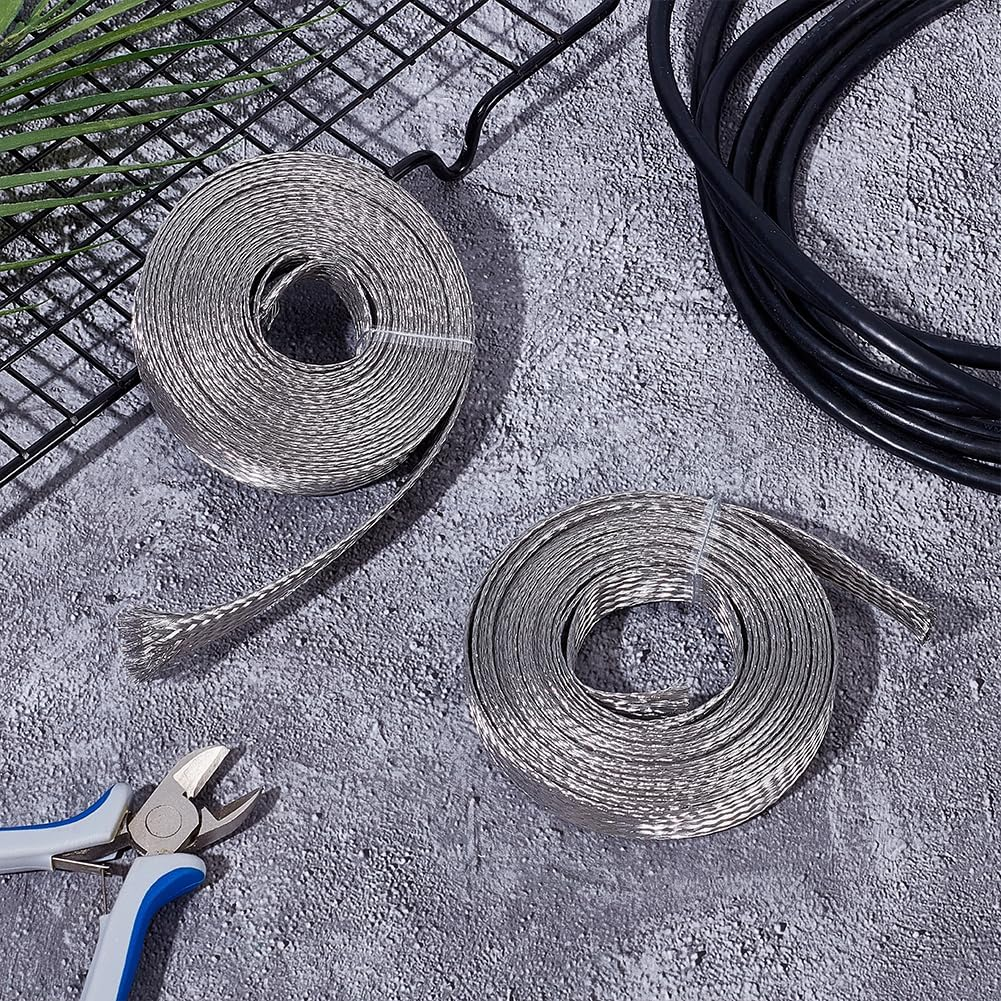 UNICRAFTALE 1.88"（15Mm）Wide Braided Sleeving Braid Stainless Steel Cable Wire Shielding Sleeve Ground Straps Protection Metal Mesh Flexible Expandable Scalable Ribbon Wire for Protect Cable 26 Feet image number 4