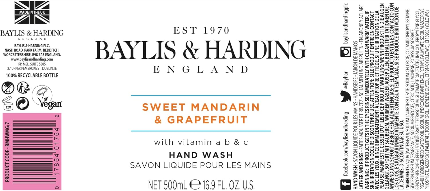 Baylis & Harding Liquid Hand Soap Wash with Dispenser, Sweet Mandarin & Grapefruit, 16.9Oz/500Ml (3-Pack) image number 2