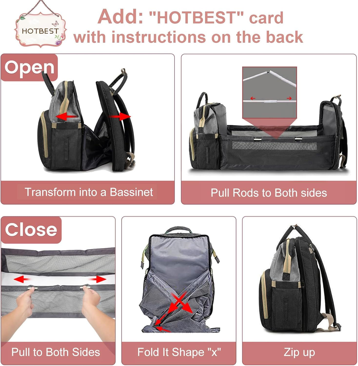 Baby Diaper Bag Backpack, Large Capacity Portable Baby Changing Bag, Multifunctional Nappy Bags, with 13 Pockets Waterproof Mummy Shoulder Bags, Travel Organize - Pink Gray image number 6