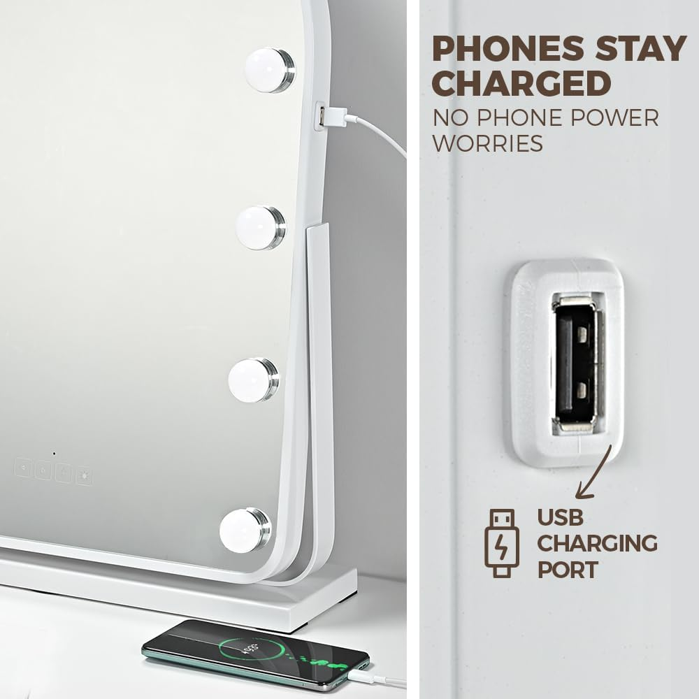 Simplus Vanity Makeup Mirror with Lights Hollywood LED Mirrors Stand, Bluetooth Speaker USB Power Charging and Smart Touch Control Screen, 12 Dimmable LED Lights Stable Base White, 65X45Cm image number 4