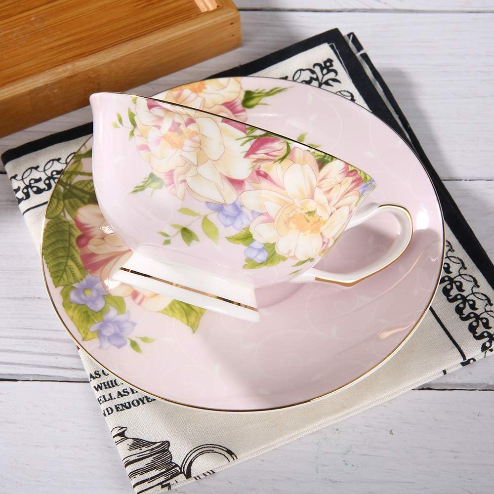 Jinglory Tea Cups,Floral Tea Cups and Saucers Set with Spoon,Bone China Tea Set,Coffee Cups,Tea Sets for Adults/Women/Men/Friends Tableware 10.5X5.8 Pink - Blue image number 2