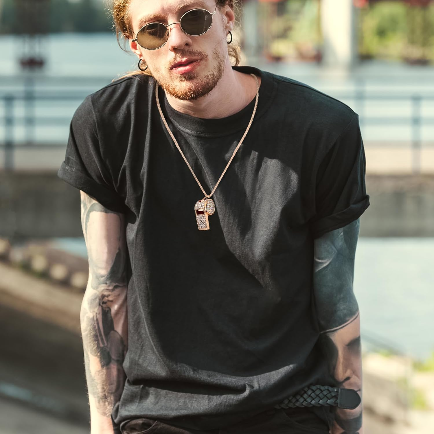 Tinoaly 2Pcs Bling Whistle Crystal Rhinestone Necklace, Metal Golden Bling Loud Crisp Sound Whistle with Chain Lanyard for Referee Coach Teacher Sports Training image number 6