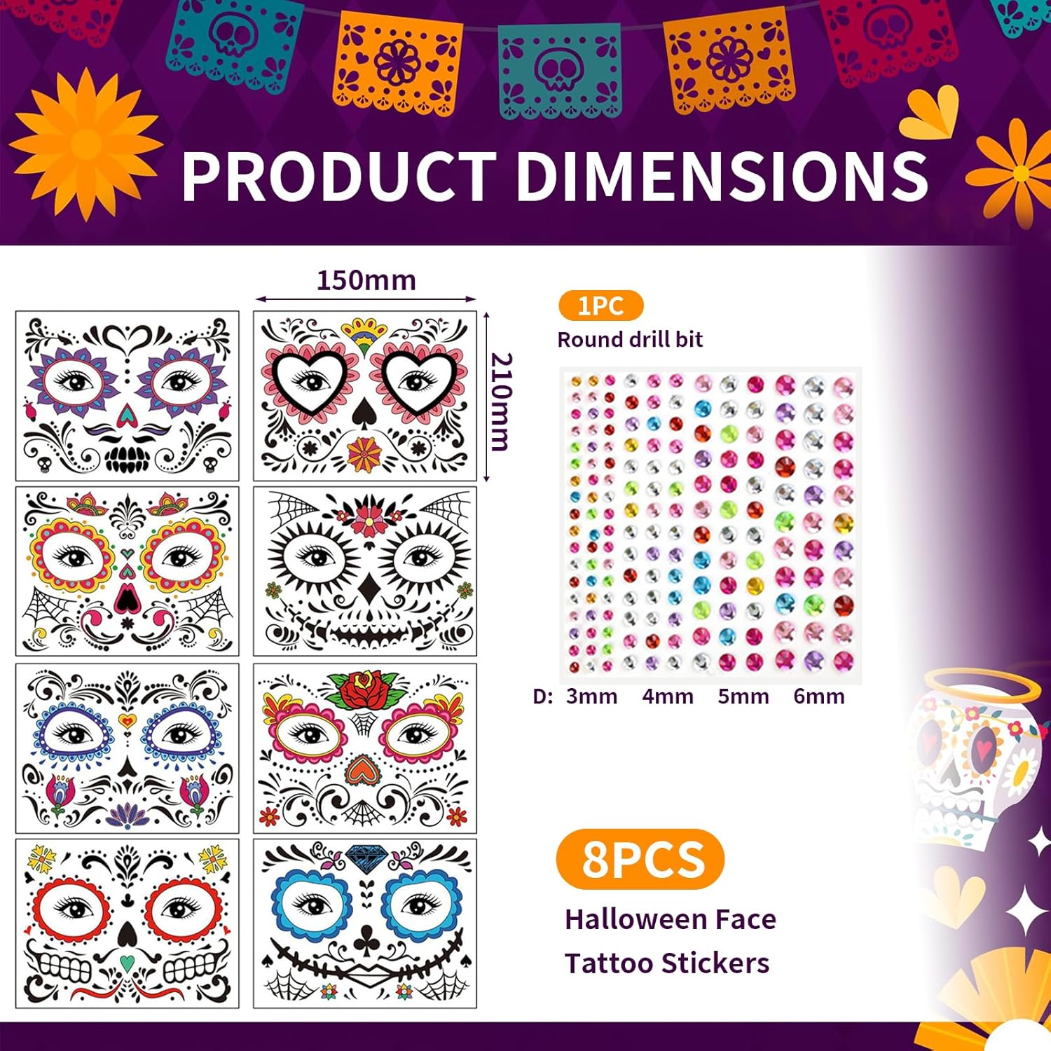 Pack of 8 Halloween Face Tattoos for Adults, Temporary Tattoos with Skull Vampire Motifs and 1 Rhinestone Tattoo, Pumpkin Costume Accessories for Cosplay Party image number 1