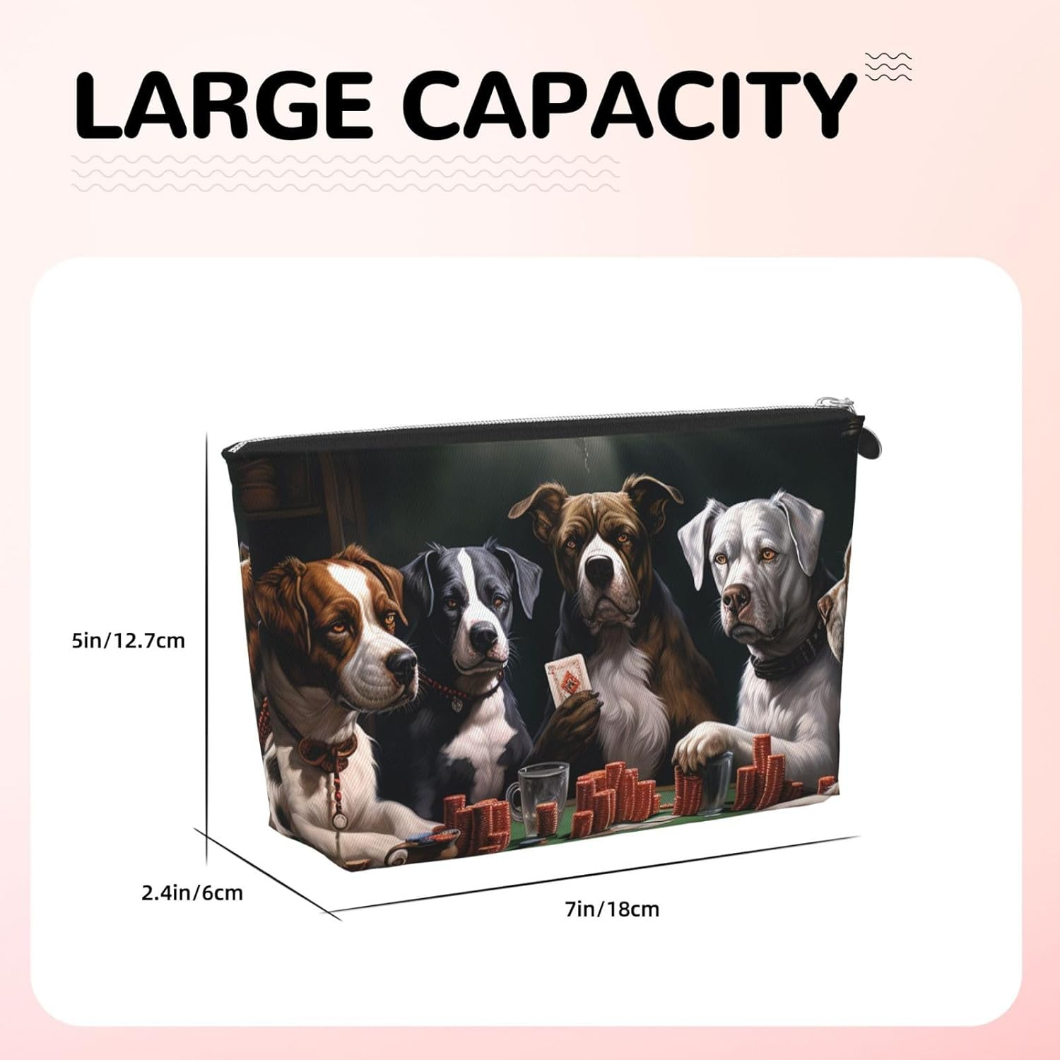 SDTYKHJ Large Capacity Makeup Bag for Women, Waterproof Portable Shaving Bag, Small Toiletry Bag, Poker Dogs, Leather Cosmetic Organizer Bags for Travel, Siliver, One Size