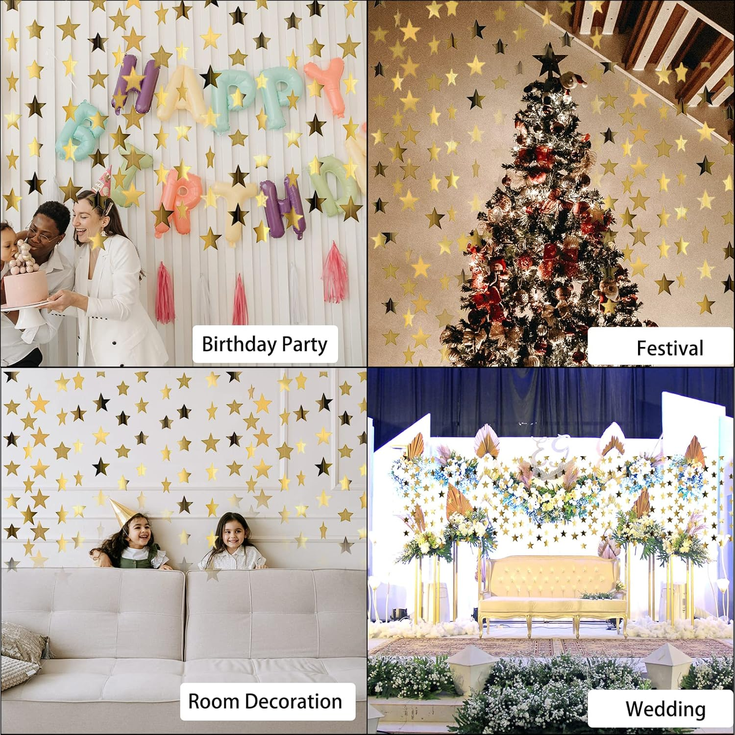 52 Feet Reflective Star Paper Garland, Sparkling Star Bunting Banner Hanging Decoration Twinkle Little Stars Party Garlands Glitter Stars Garland Streamer Kit for Birthday Wedding Banner Backdrop,Gold image number 1