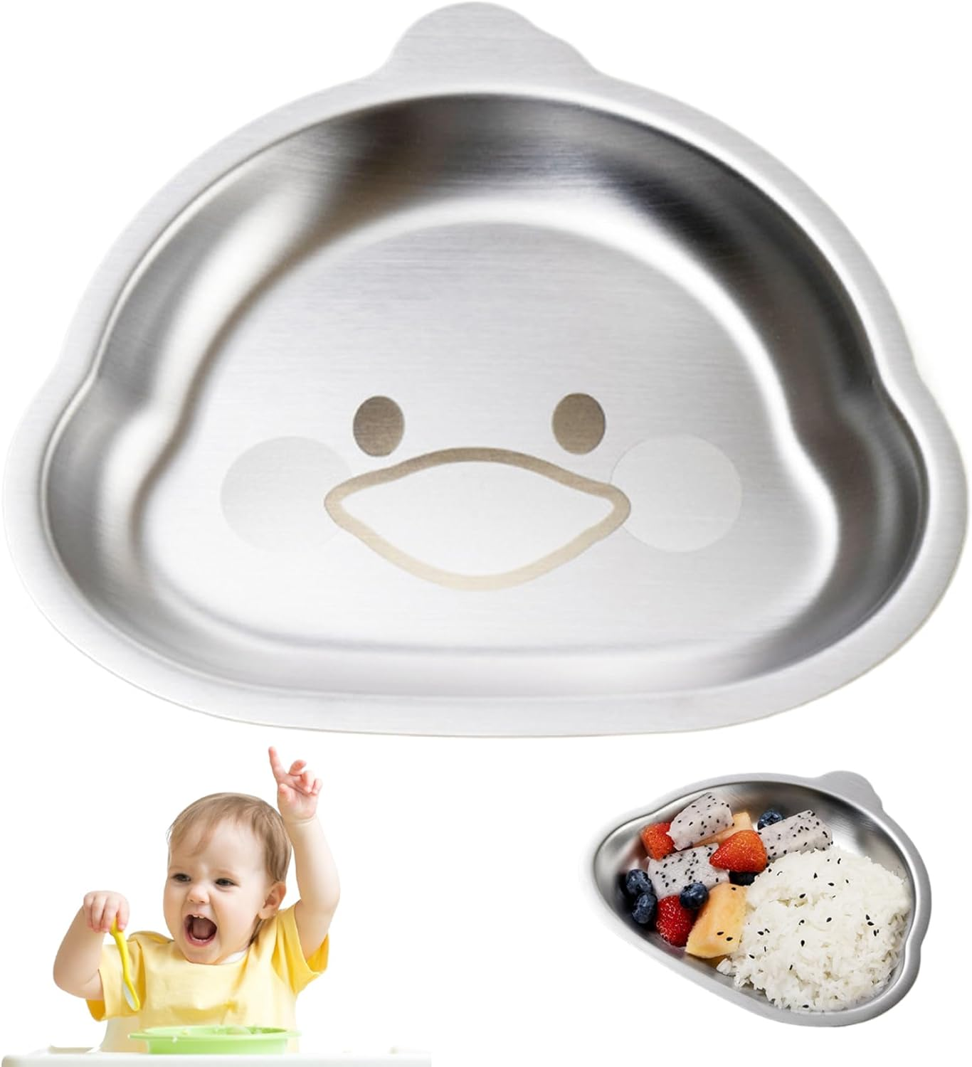 Whyzsjnclg Stainless Steel Duck-Shaped Plates for Kids, Playful & Functional, 7X6 Inch, 3Cm Thick, Microwave & Dishwasher Safe, Hand Wash Only