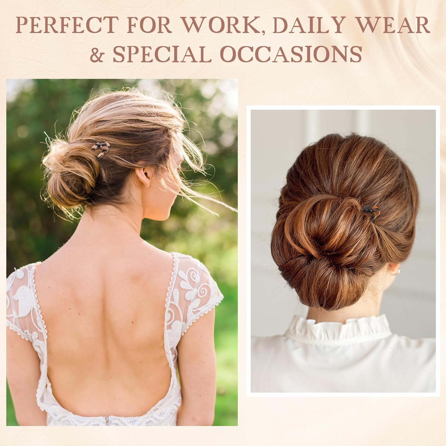 2 Pack Benefree French Style Cellulose Acetate Tortoise Shell U Shaped Hair Pins Fork 2 Prong Updo Chignon Pin for Women Girls Hairstyle Accessories（Tortoiseshell and White Tortoiseshell) image number 4