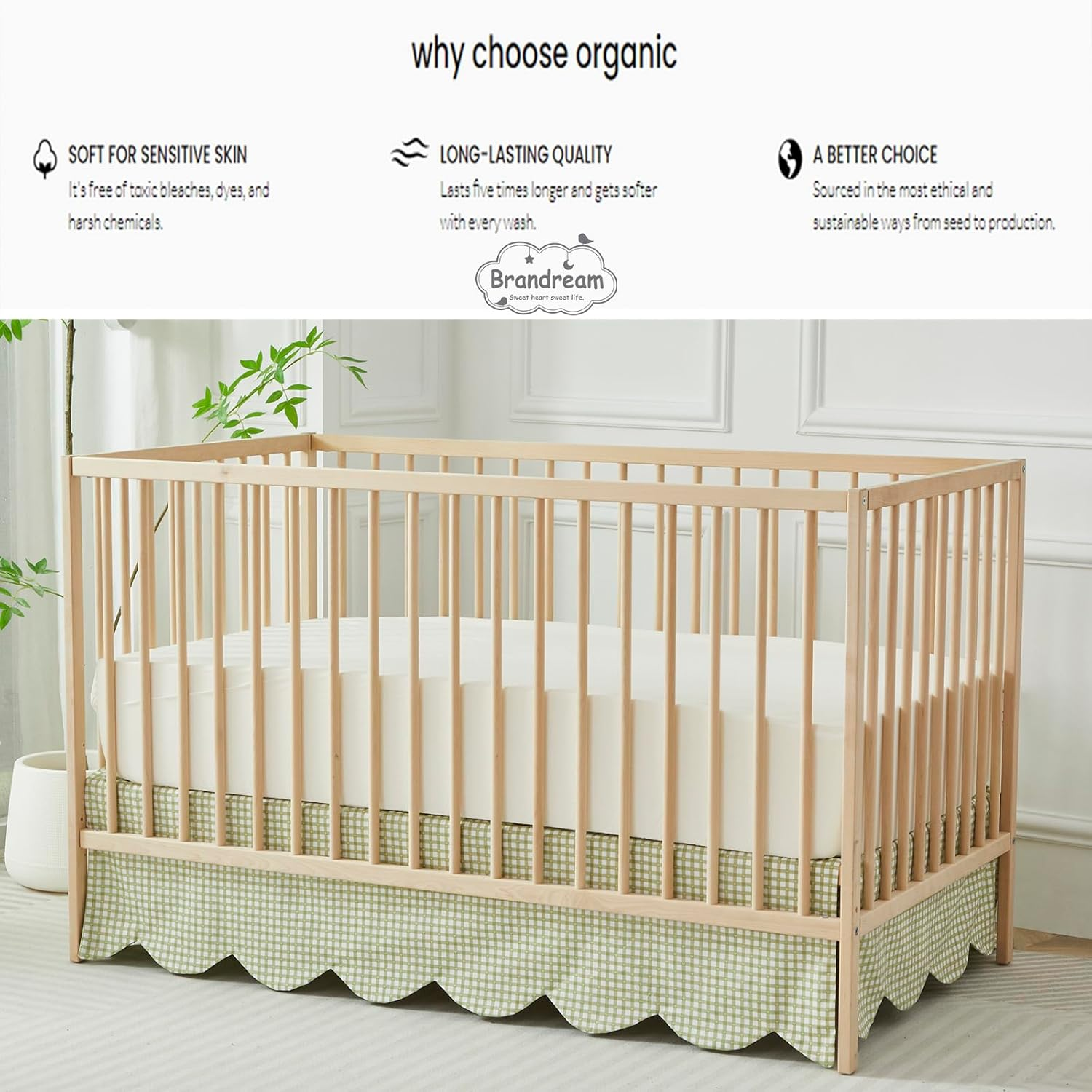 Brandream Scallop Edge Cotton Crib Skirt, Baby Boy Girl Gender Neutral Crib Skirt Toddler Bedskirt Farmhouse Chic Nursery Crib Bed Skirt, Boho Bohemian Green Gingham - Blue Toile image number 6