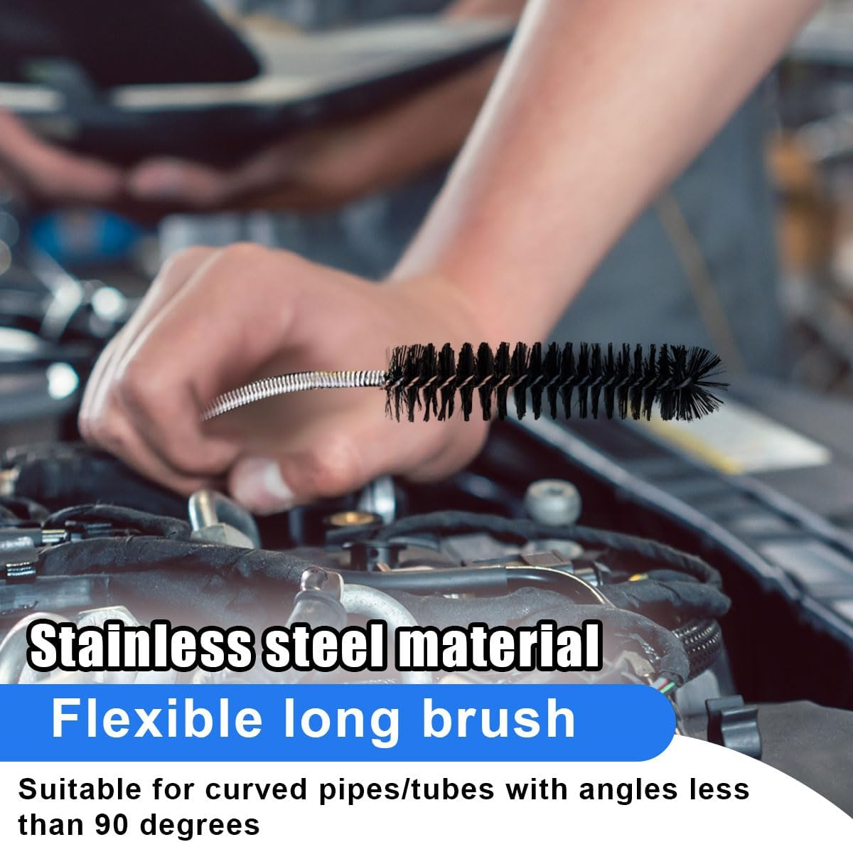 DUSCOKE 78 Inch Flexible Long Drain Brush, Nylon Stainless Steel Flexible Feeding Tube Cleaning Brush, Double Ended Elastic Slim Hose Pipe Brush Auto Sunroof Drain Hole Cleaner for Car Fridge (Black)