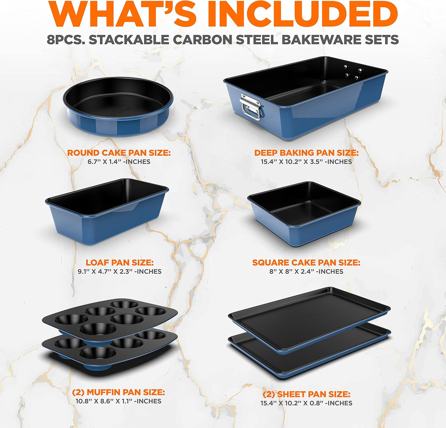 Nutrichef 8-Piece Nonstick Stackable Bakeware Set - PFOA, PFOS, PTFE Free Baking Tray Set W/Non-Stick Coating, 450&deg;F Oven Safe, round Cake, Loaf, Muffin, Wide/Square Pans, Cookie Sheet (Blue) - Black image number 4