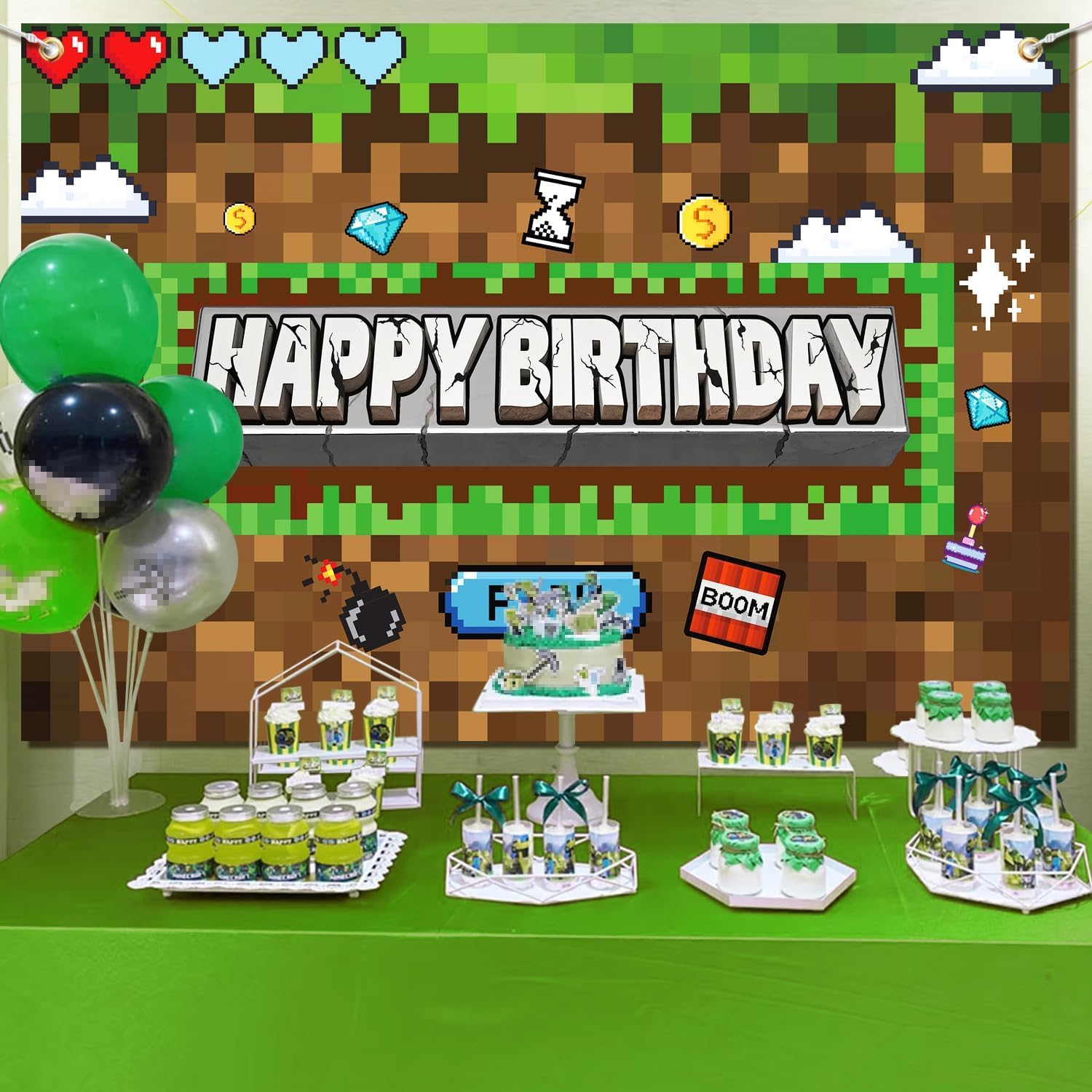 Pixel Birthday Party Decorations Pixel Video Game Banner for Miner Birthday Party Backdrop Photo Background Wall Decor Mining Party Supplies
