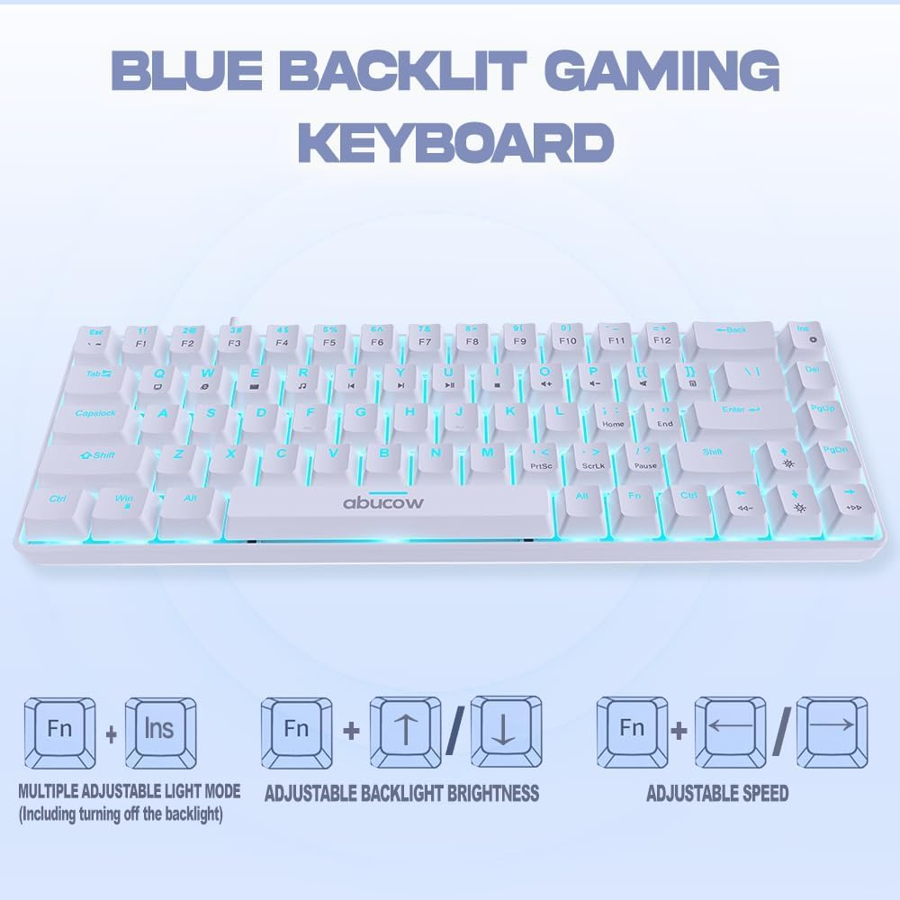 Abucow 60% Mechanical Gaming Keyboard, Black Switch Wired Compact Keyboard with Blue Backlight, Swappable White Keycaps, for Windows/Mac - Blue-White image number 7