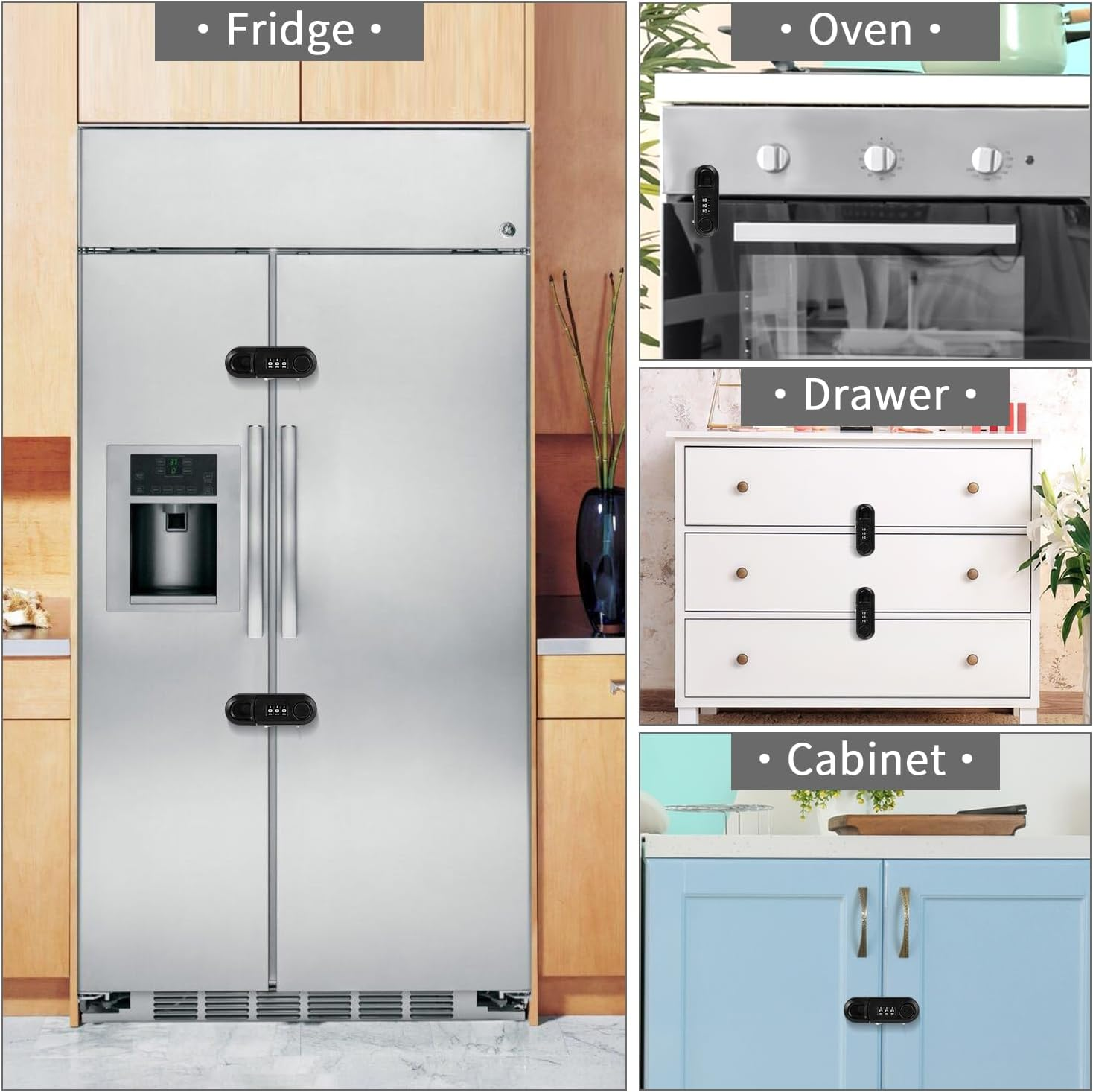 Cabinet Locks Baby Proofing 4 Pack Fridge Locks for Kids Child Proof Combination Freezer Door Lock for Knob Toddlers Kids Adults Safety Latches, No Tools or Drilling Need - Black image number 5