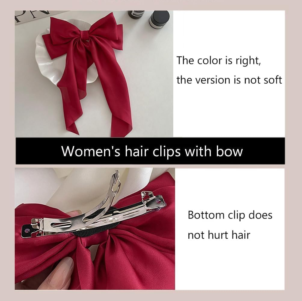 12Pcs Big Bow Barrettes with Long Silky Satin Tail, Large Hair Bow Clips for Women, Girls, Adult Teens - Hair Accessories image number 1