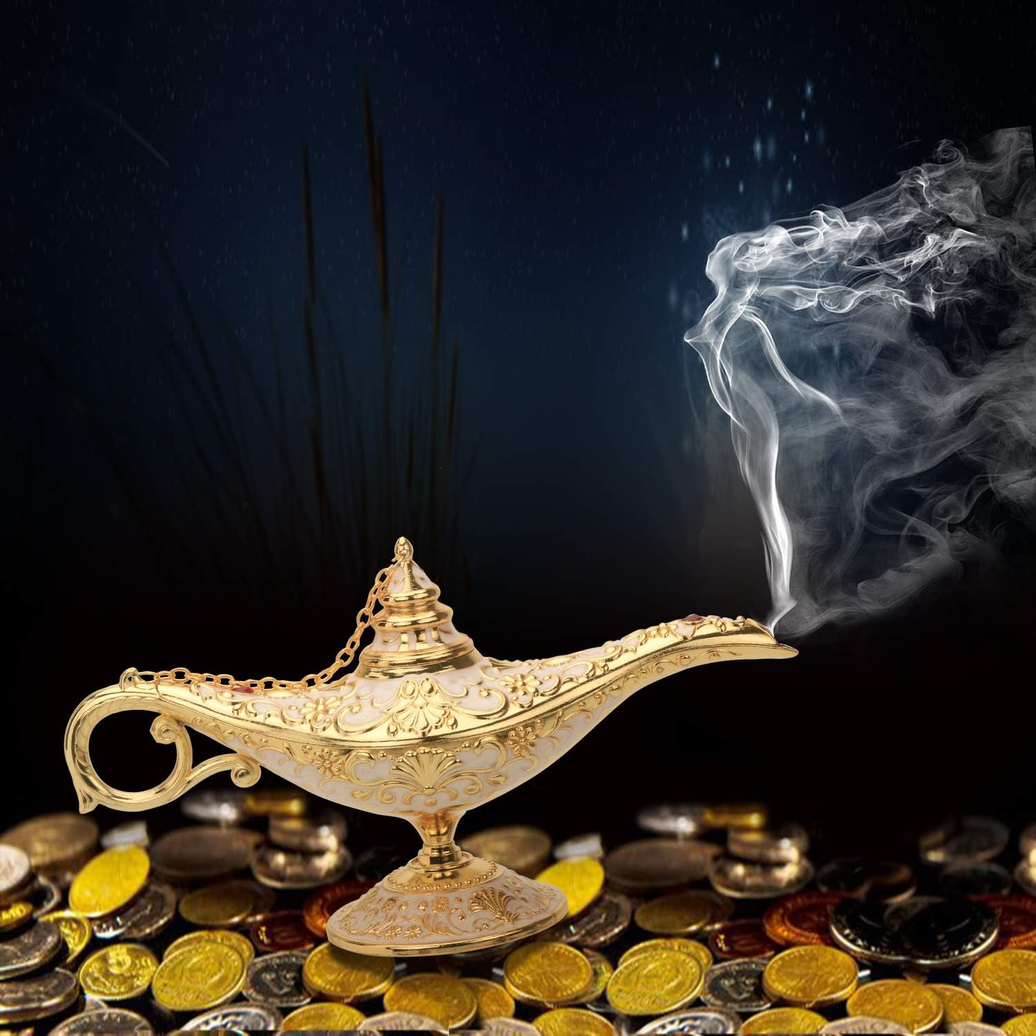 K COOL Classic Aladding Magic Genie Lamp Legend Wishing Light Costume Lamp Metal Carved Cone Incense Burner for Home Tabletop Decoration Party Birthday Halloween Christmas(Beige) image number 1