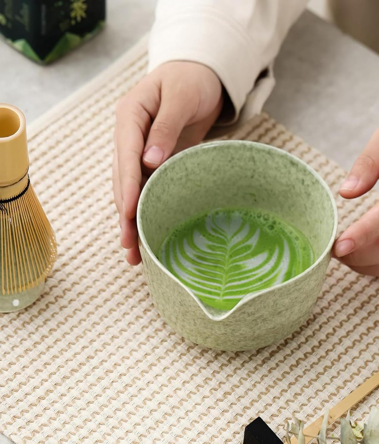 Matcha Whisk Set, Japanese Tea Set Includes Matcha Bowl with Spout, Matcha Whisk Holder, Bamboo Tea Whisk and Bamboo Scoop, Mottled Tea Green Glaze Ceramic Tea Kit for Tea Lovers (Green 7Pcs) image number 4