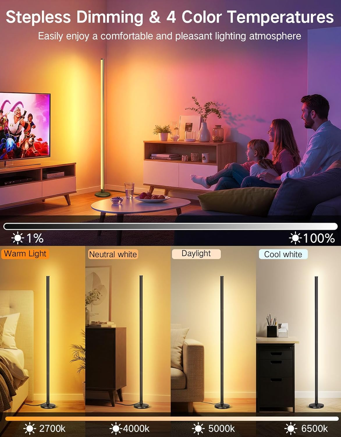 OUTON LED Smart RGBCW Corner Floor Lamp with APP and Remote Control, Dimmable Floor Lamps with 16 Million Colours, Music-Sync, Timer, Height Adjustable for Living Room Bedroom Gaming Room, 1Pack image number 6