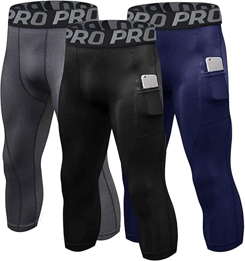 Lanbaosi Compression Pants for Men 3/4 Capri Leggings Dry Fit Workout Running Athletic Gym Tights Bottom 3 Pack with Pockets