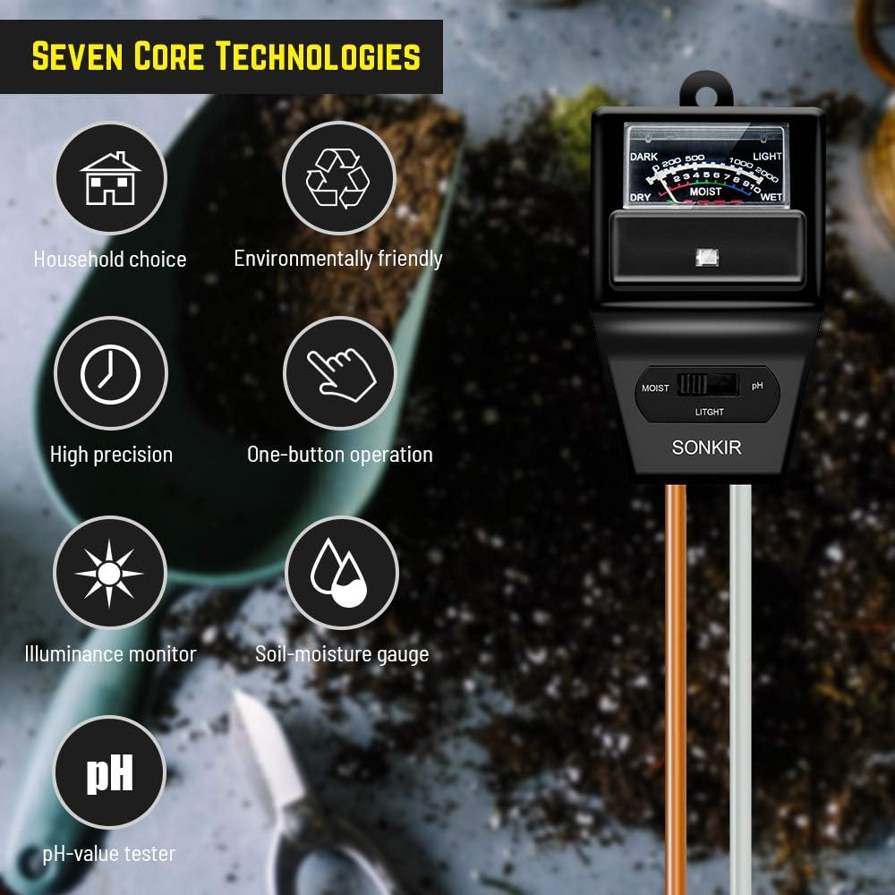 SONKIR Soil Ph Meter, MS09 3-In-1 Soil Moisture/Light/Ph Tester Gardening Tool Kits for Plant Care, Great for Garden, Lawn, Farm, Indoor & Outdoor Use (Black) image number 1