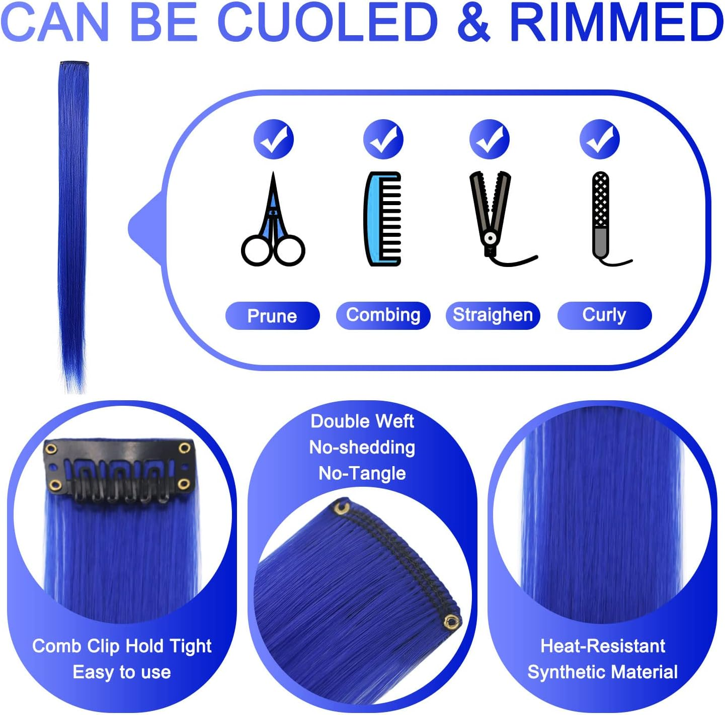 Rhyme 9PCS 21" Colored Clip in Hair Extensions Blue Hair Extensions for Women Girls Hair Clips Party Highlights Hair Accessories (Blue) image number 2