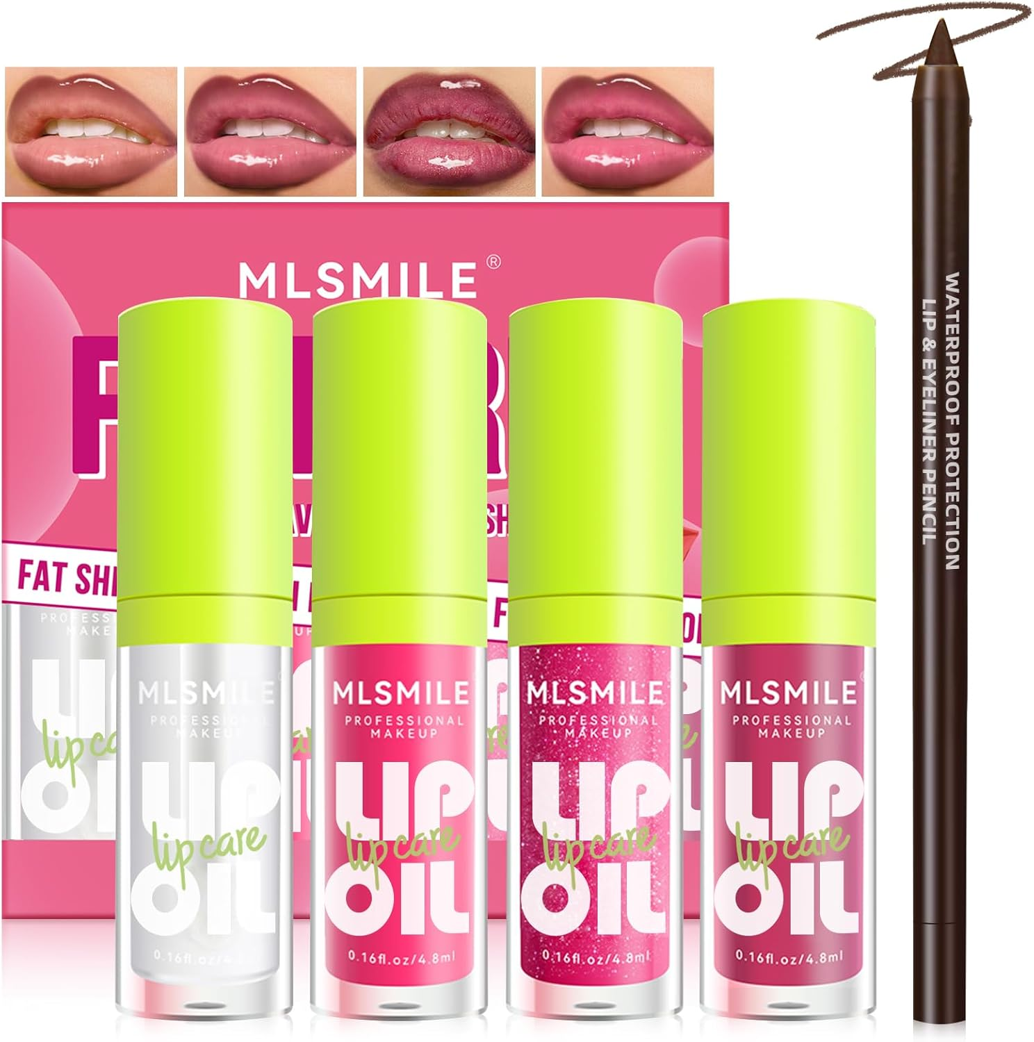 Noerrors 4 Colours Lip Oil and Lip Liner Set Long Lasting Lip Care Oil Large Brush Head Moisturising Clear Pink Glitter Transparent Lip Gloss Combination Makeup image number 5